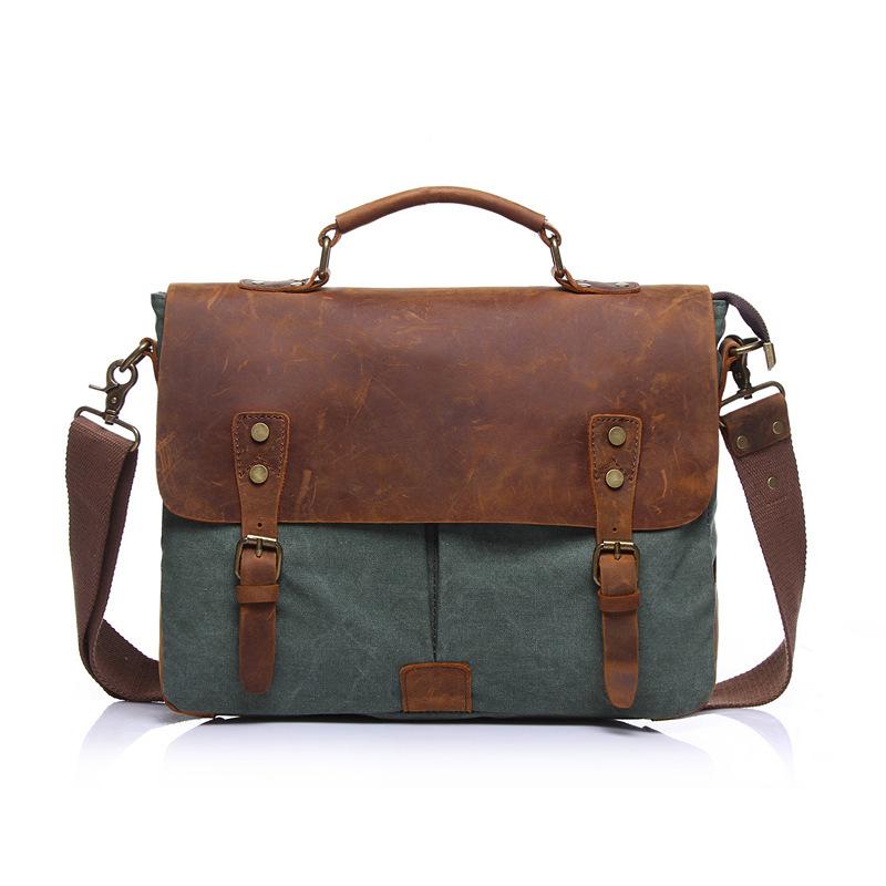 Luxury Briefcase Shoulder Crossbody Military Canvas + Genuine Leather Messenger Patchwork School Bag