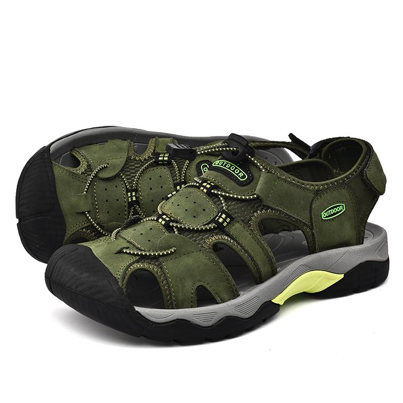 Men Outdoor Hiking Sandals Grey Leather Closed Toe Blue Beach Shoes Wide Handmade Sandals Plus Size for Father