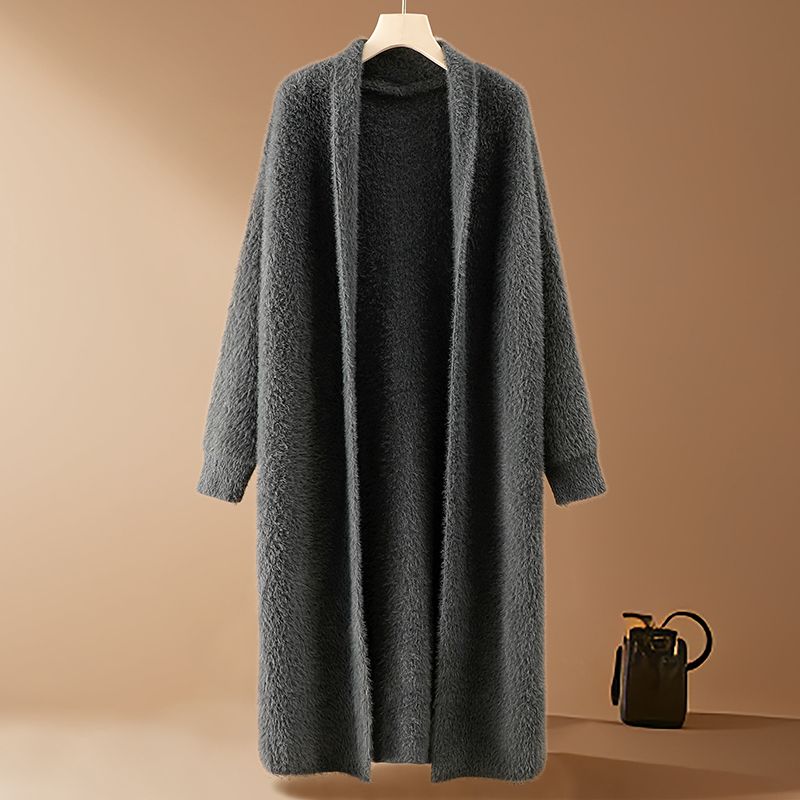 High-end Women's Mink Fleece Knitted Cardigan Autumn WinterThick Warm Plush Knitted Long Coat