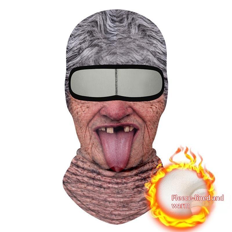 Maschera Facciale Traspirante a Copertura Totale con Stampa 3D di Vecchio, Fori per gli Occhi Bianchi, Baffi Bianchi, Maschera da Sci Elastica con Cappuccio