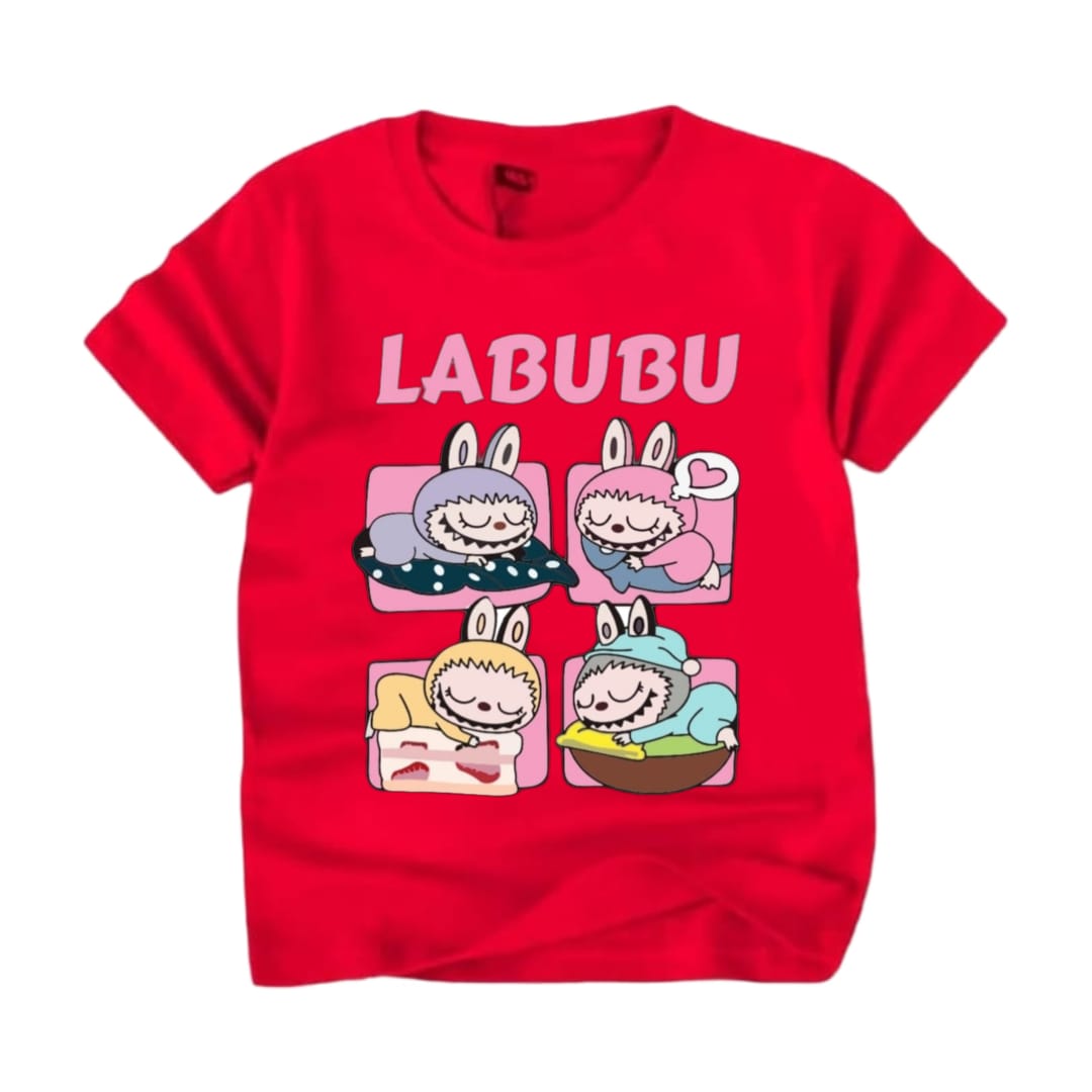

2025 New LABUBUT T-shirt LABUBU Sleeping Printed Round Neck Short Sleeve Casual Girls Clothing 100
