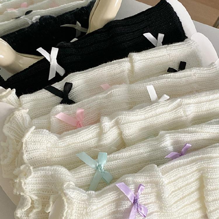 Women Girls Ballet Style Bowknot Leg Warmers Sweet Ribbed Knitted Ruffled Trim Socks Foot Cover Boot Cuffs Accessories