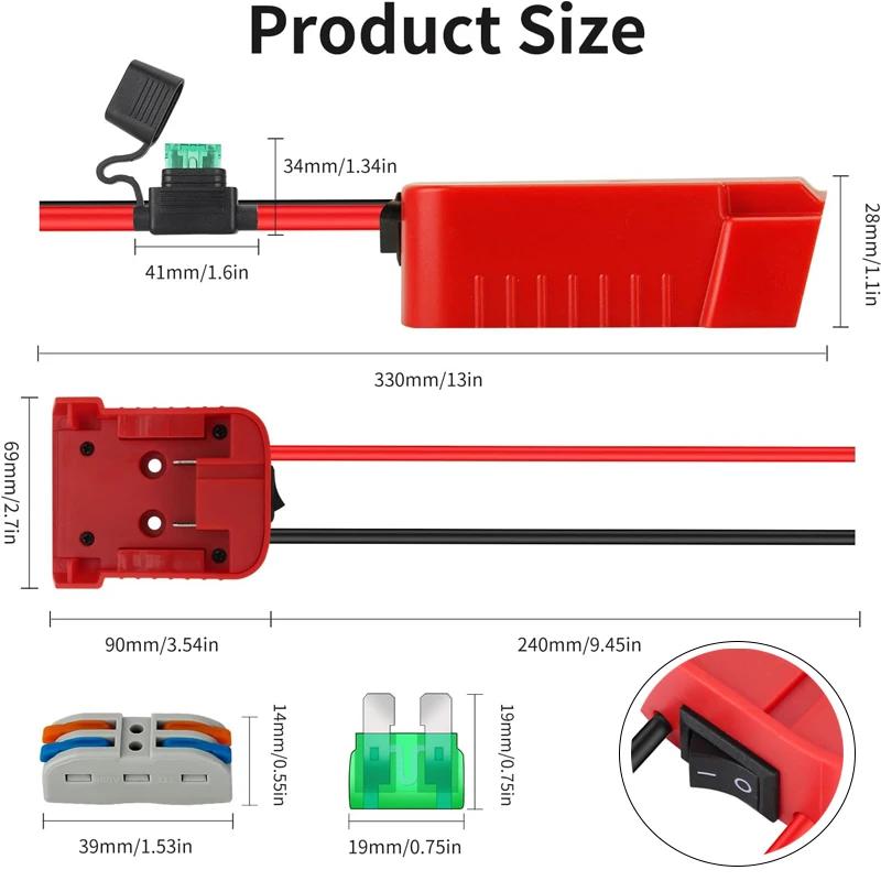 NEW with Switch Fuse 12AWG For Milwaukee 18V Battery Adapter Power Wheels Adapter Wire 30A Fuses Source for Rc Car Toys Robotics