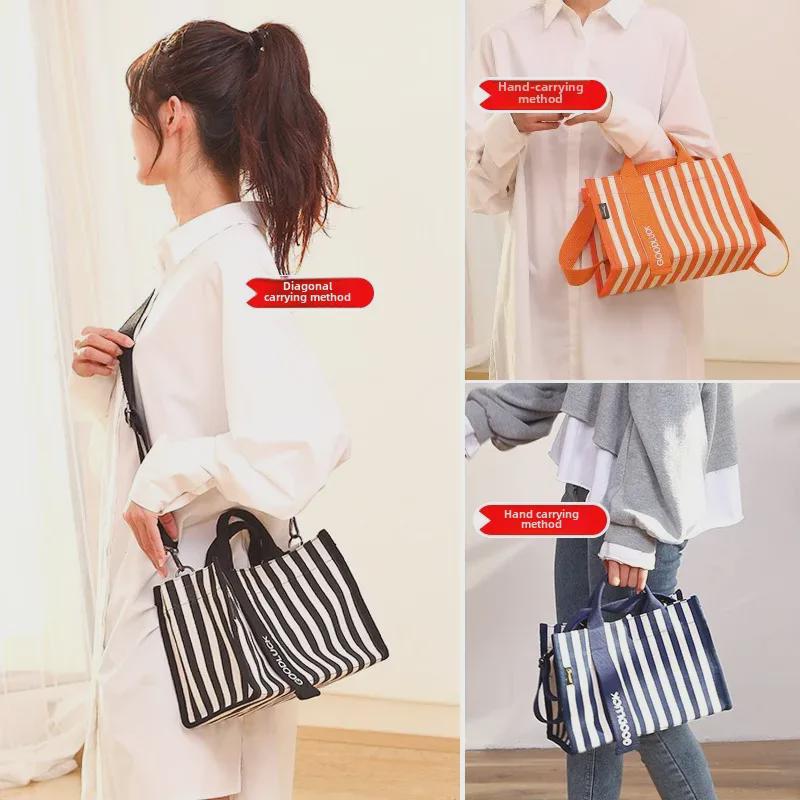 Drezm Korean Crossbody Tote - Small Square Canvas Striped Bag for Women