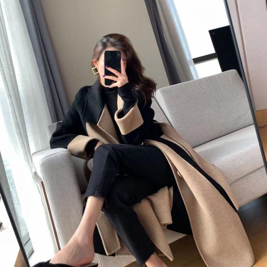 Women Winter Overcoat Turn-down Collar Pockets Contrast Color Double-breasted with Belt Loose Fit Coat Thermal Long Sleeved Commuting Dating