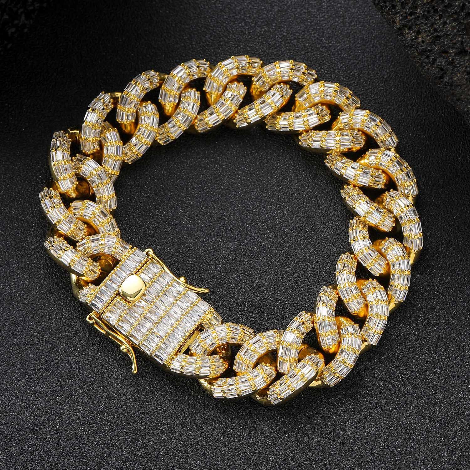 BES 16mm Ice Out Baguette Cuban Chain Bracelet CZ Chain Gold Cuban Link Bling Bling Bracelet Hip Hop Jewelry Hiphop&7inches(17.78cm) золотой