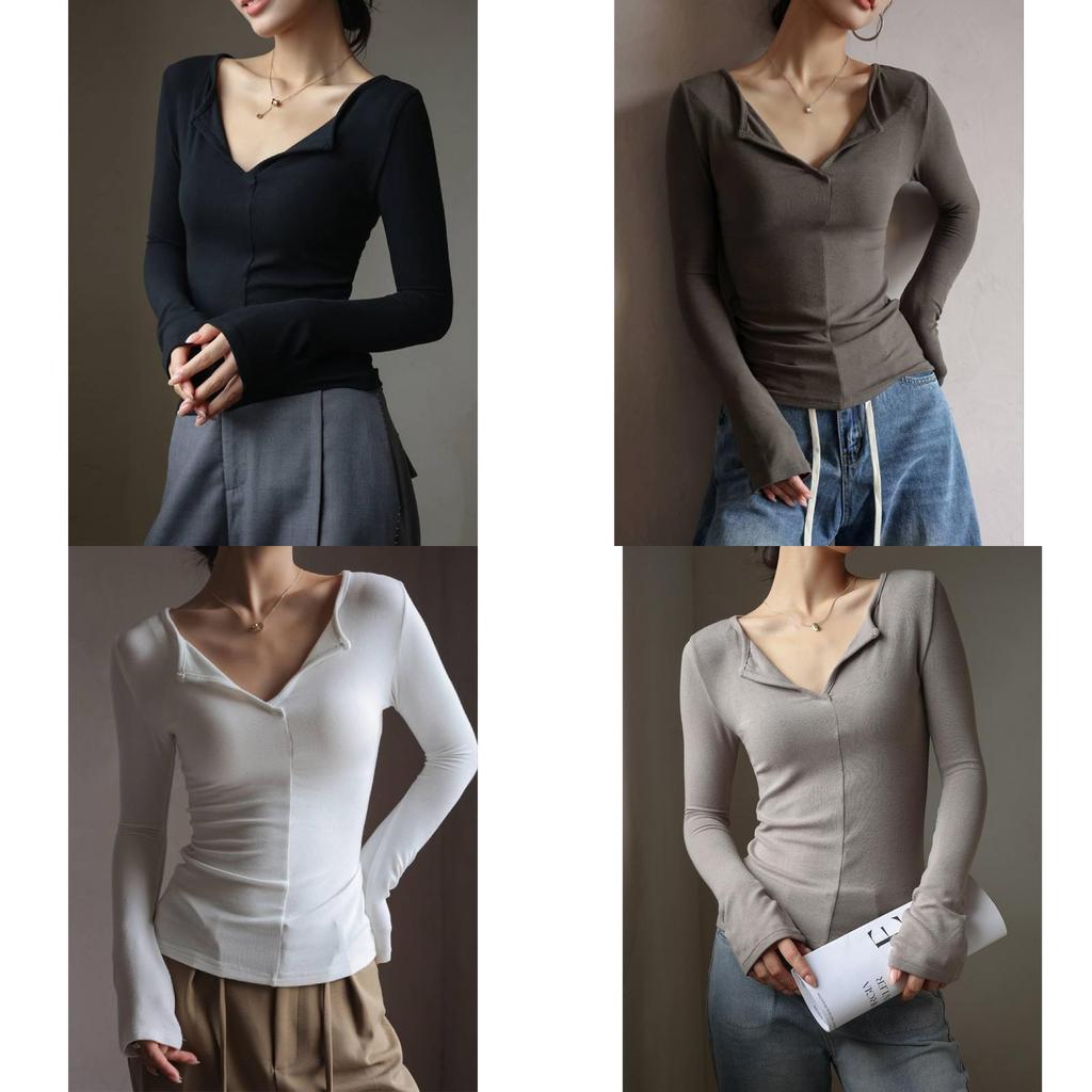 Minimalist Modale V Neck T Shirt For Women With Snake Bone Pattern For Autumn Winter Casual Wear