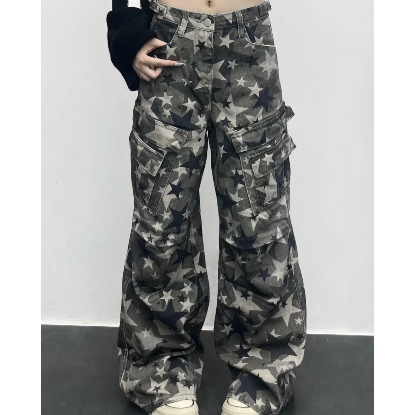 American retro star camouflage tooling jeans women s spring and autumn loose and thin straight wide-leg mopping pants S
