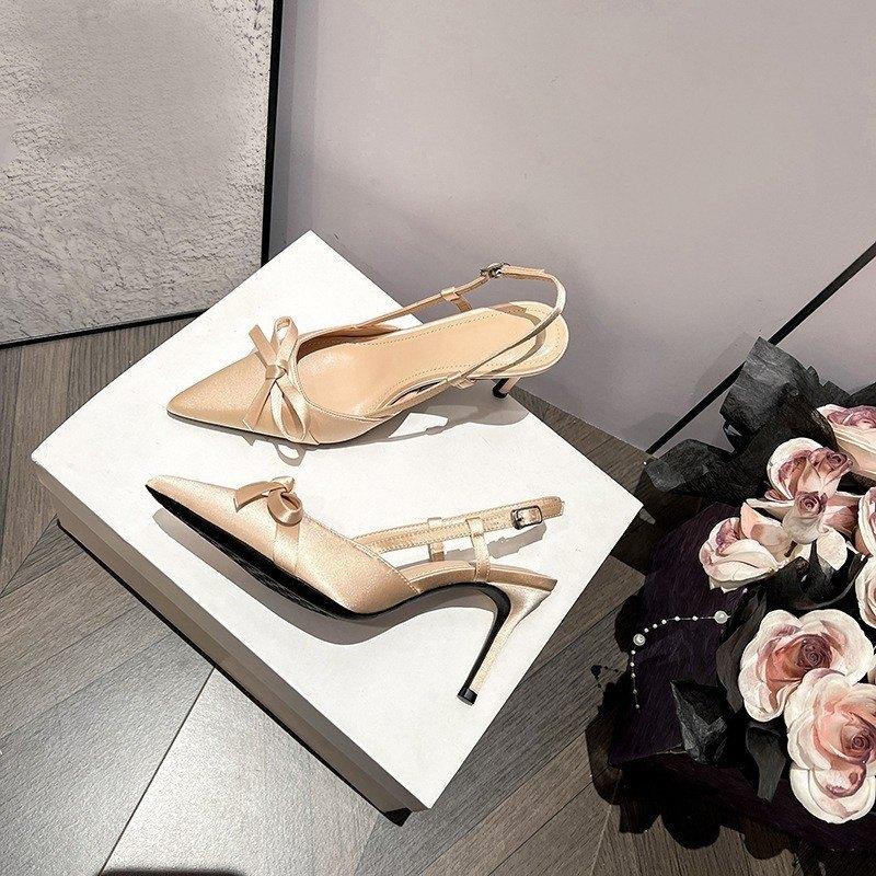 Spring and Summer 2025 New Nude Bow Stiletto High Heels Women's Satin Pointed Sandals French Temperament Single Shoes
