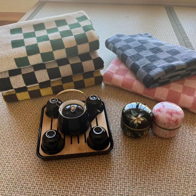 Retro Color Matching Long-Staple Cotton Skin-Friendly Towel Checkerboard Plaid Face Bath Towels Soft Absorbent Face Towel