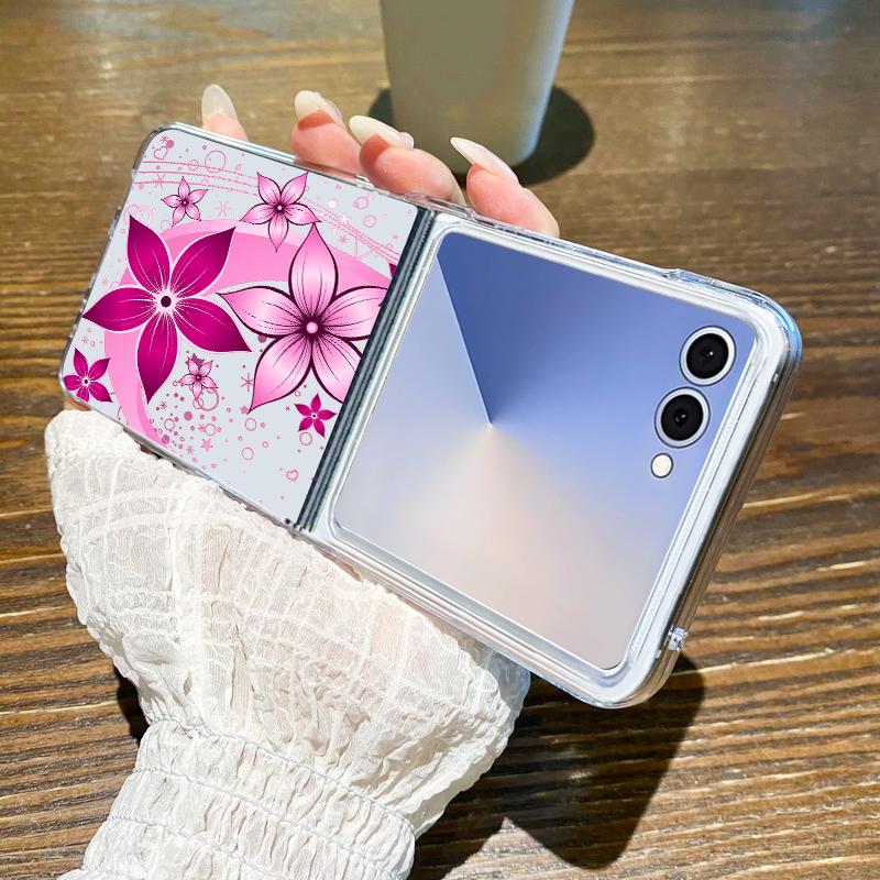 Cartoon Flower Printed Transparent Folding Phone Case For Samsung Galaxy Z Flip 7 FE 6 5 4 3 Flip7 Flip6 Flip5 5G Hard PC Cover
