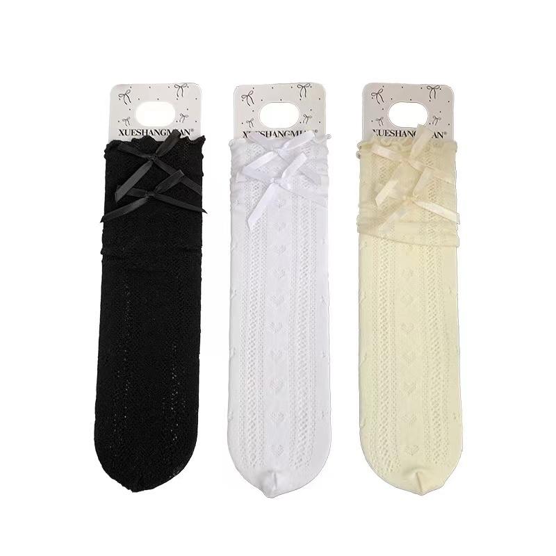 JK Sweet White Hollow Socks for Women Mesh Hollowed Out Thin Nylon Silk Girls Retro Flower Heart Lace Socks Ladies Crew Socks