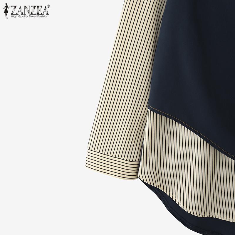 ZANZEA Women Casual Stripe Print Patchwork Loose Long Sleeve Blouse