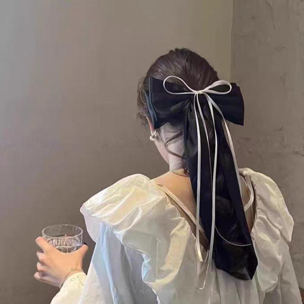 Elegant Satin Bow Spring Clip - Women s Silk Ribbon Hair Accessory чёрный