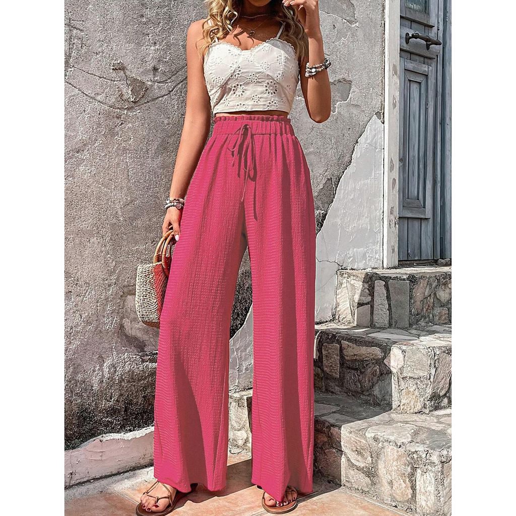 Spring and Summer Women High Elastic Waist Wide Leg Pants Casual Female Sand Beachwear Full Loose Trousers