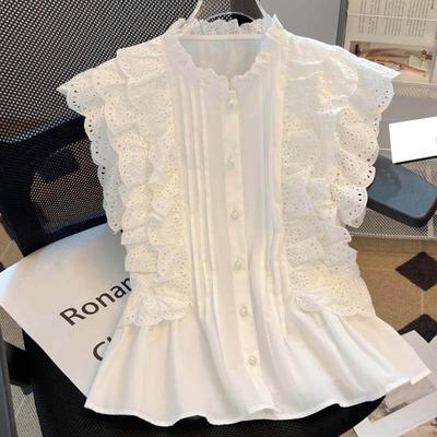Damen Sommer Flatterärmel Weiße Hemden Ärmellos Rüschenspitze Übergröße Bluse Dame Elegant Lässig Süße Oberteile Mode