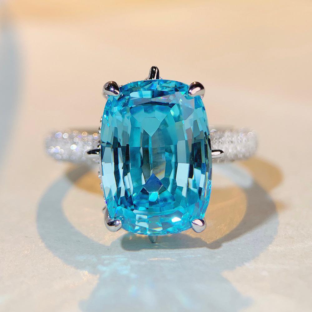 Jiu Mei S925 Sterling Silver Aquamarine Ring with 10 Carat High Carbon Diamond Zircon for Women.