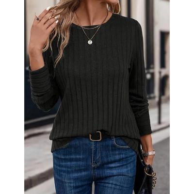 Camiseta feminina de cor sólida com gola redonda e canelada, top casual de manga comprida para primavera e outono