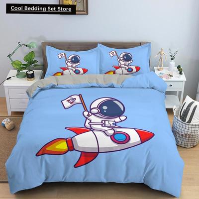 Housse de couette Astronaute Dessin Animé Roi Reine Ensemble de Literie Vaisseau Spatial Kawaii pour Enfants Espace Extérieur Bleu 2/3 Pièces Housse de Couette en Polyester