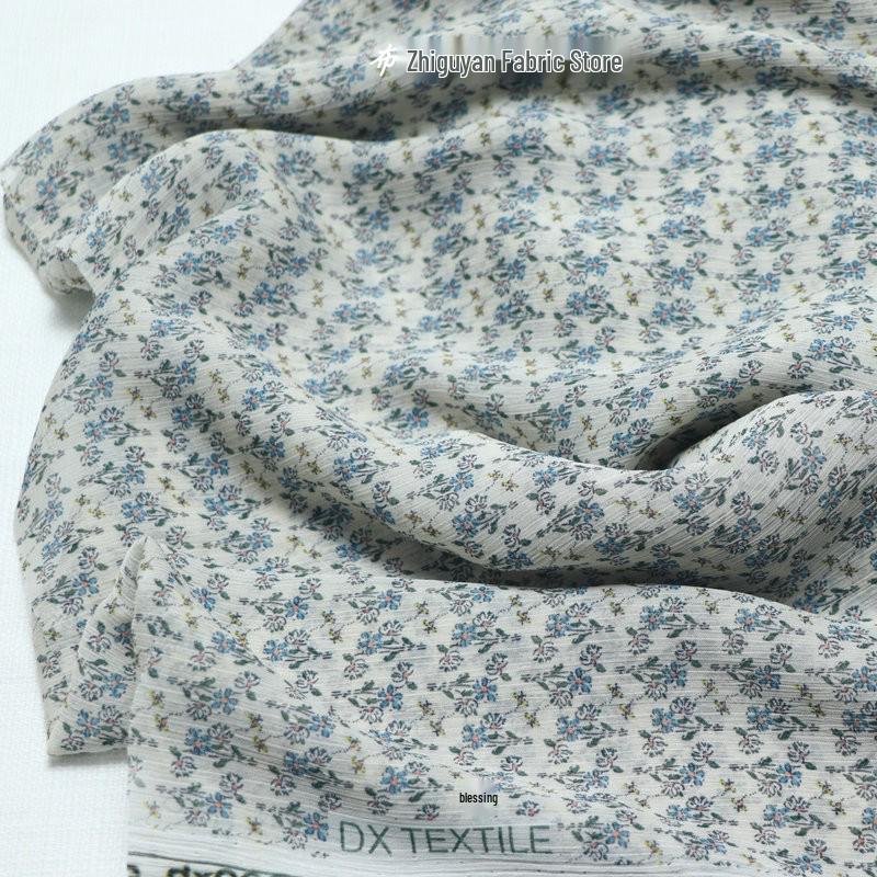 Корейская землисто-синяя цветочная плиссированная шифоновая ткань для платья, топа и юбки