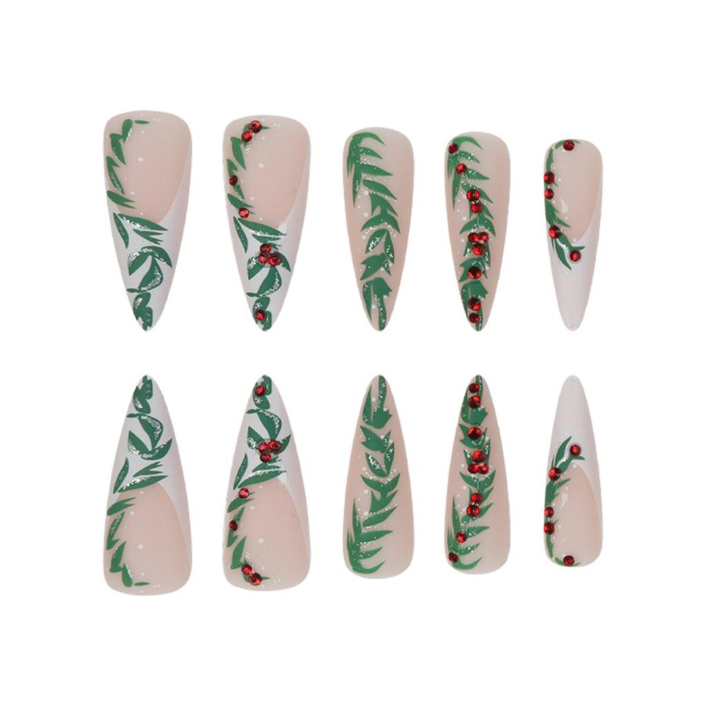 Christmas Holly Rhinestone Stiletto Nails - White Edge French Design, Long Lasting, Holiday Nail Art