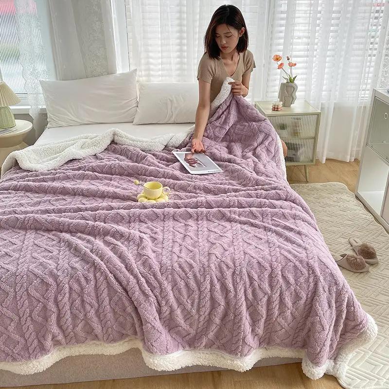 Lamb Wool Thick Winter Blanket Double Side Microfiber Flannel Throw Blanket for Bed Comfortable Super Soft Warm Comforter Double