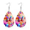 Vibrant Spring Blue Pink Butterflies with Floral PU Earrings for Women, Y2K Pink Color Double Sided Print Waterdrop Earrings