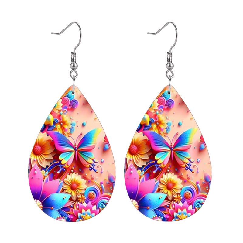Vibrant Spring Blue Pink Butterflies with Floral PU Earrings for Women, Y2K Pink Color Double Sided Print Waterdrop Earrings