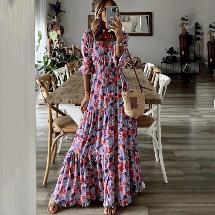 Elegant Vacation Swing Style 2025 New Summer Women V Neck Printed Long Dress