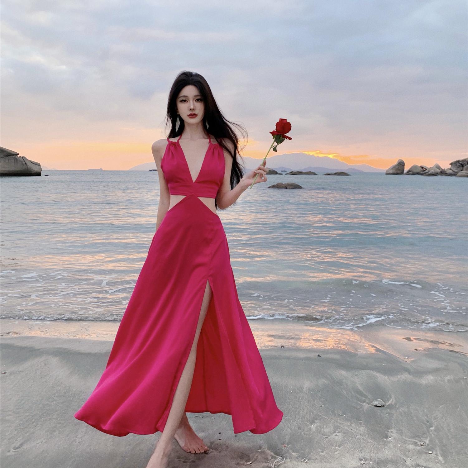 

Шикарное женское летнее платье на тонких бретельках с открытой спиной - Облегающее, с завязками, в стиле для пляжного отдыха Small фуксия