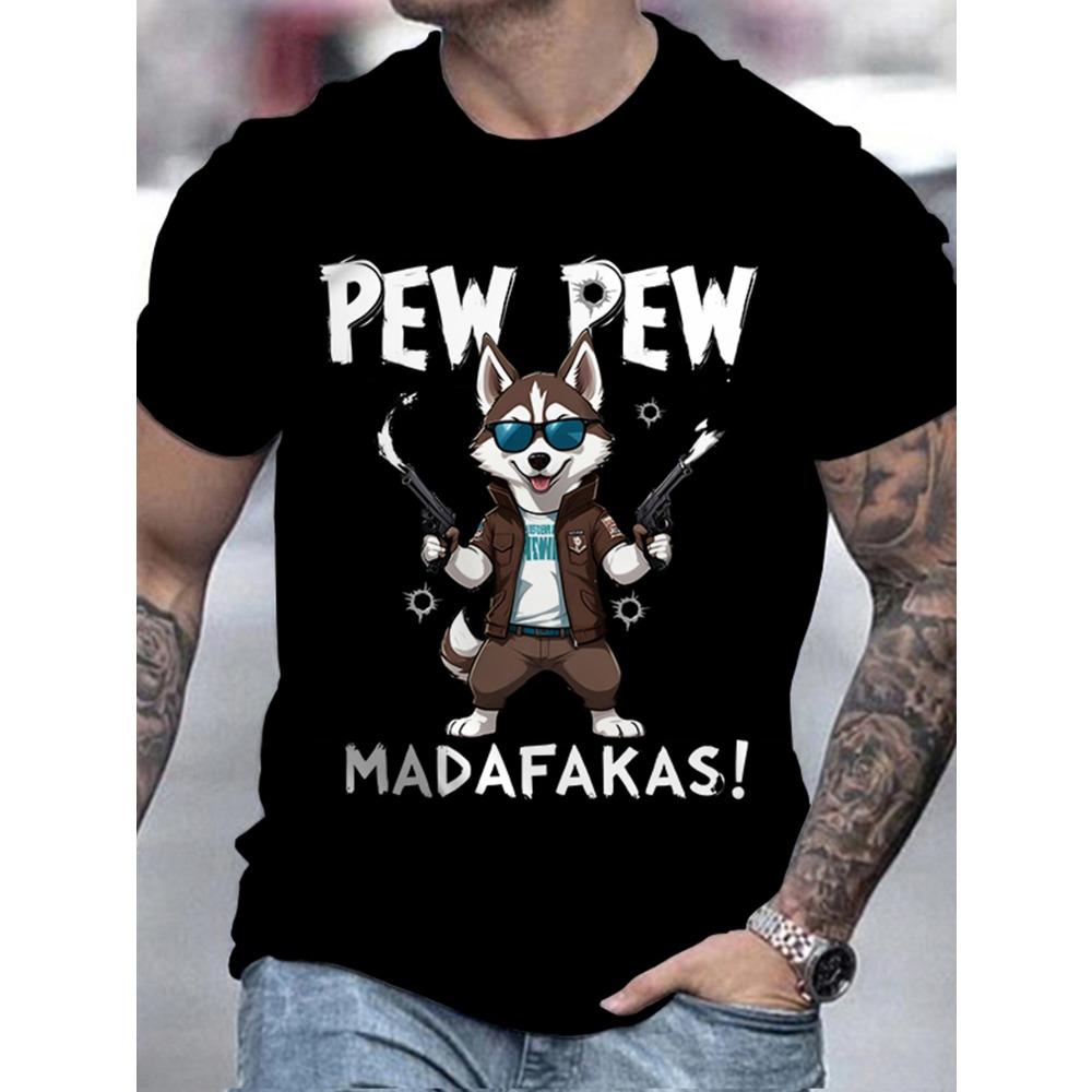 Breathable  Men's Sports T-Shirt - Husky Dog Cartoon & Pew Pew Meme, Crew Neck Short Sleeve Regular Fit