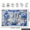 2D Blue & Silver 70th Birthday Backdrop with Balloons & Flowers