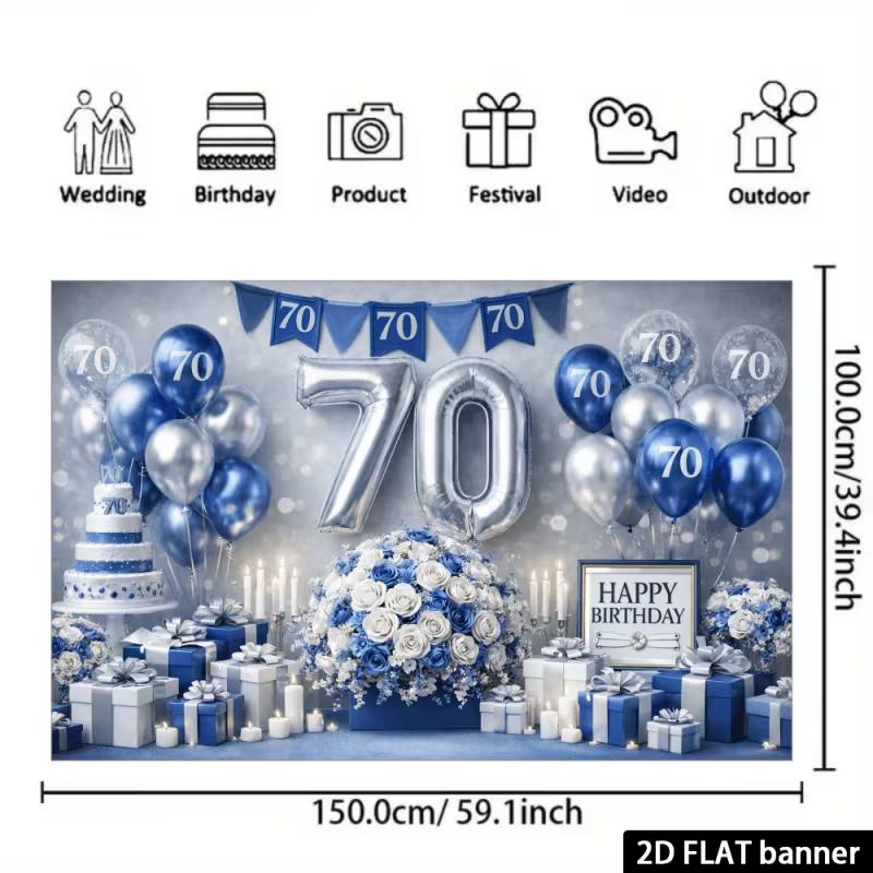 2D Blue & Silver 70th Birthday Backdrop with Balloons & Flowers