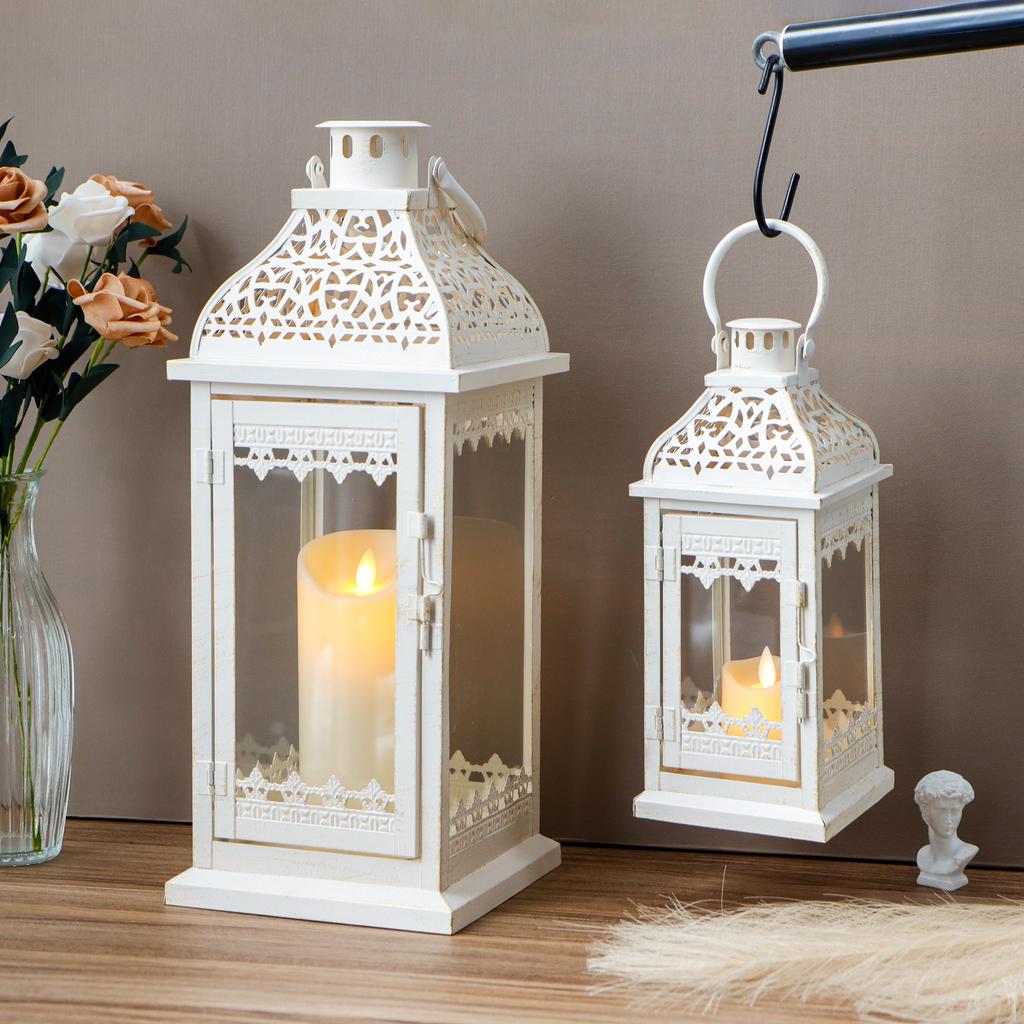 Set of 2 Candle Lanterns Vintage Hanging Lantern Metal Candle Holder for Garden Living Room Parties Weddings Balcony