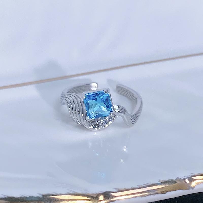 Caibao Personalized Sea Blue Micro-Inlaid Zir*****Pen Ring Female Geometric Niche Light Luxury High-End Ring Female