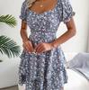 Damen Blumen Sommerkleid Eckiger Ausschnitt Kurze Ärmel Schnürung Elegant Frühling S-XL