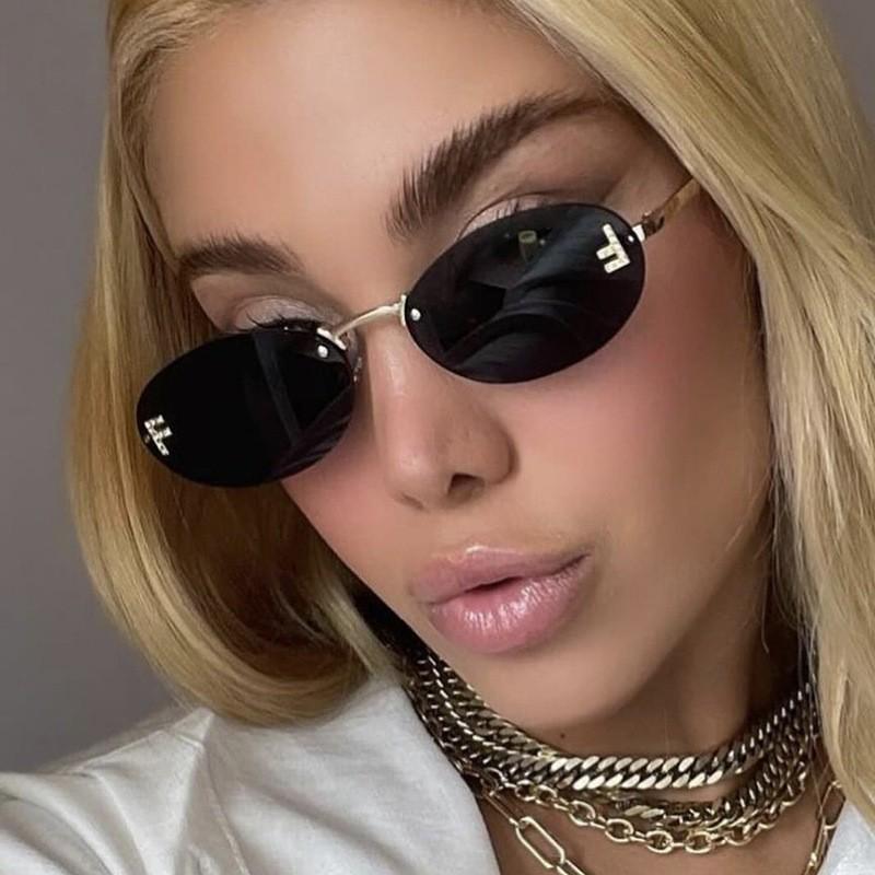 Women's Trendy Oval Rimless Rhinestone Sunglasses - European & American Style, Small Frame with Letter F Design