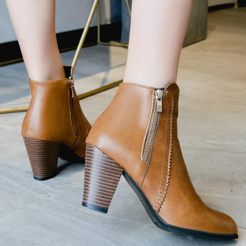 New Double Zip High Heel Booties for Autumn and Winter Women's Pointed Toe Block Heel Short Cylinder Naked Boots