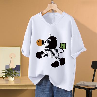 Short-sleeved T-shirt for Women, Large Size, Loose and Slimming, Printed V-neck Top