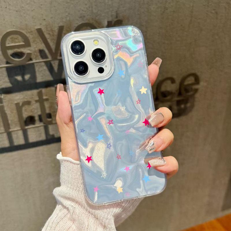 Little Flower Love Hearts Print Glitter Glossy Case For iPhone 16 15 Pro 14 Pro Max 13 12 11 Luxury Stars Pattern Shockproof Slim Clear Phone Cover