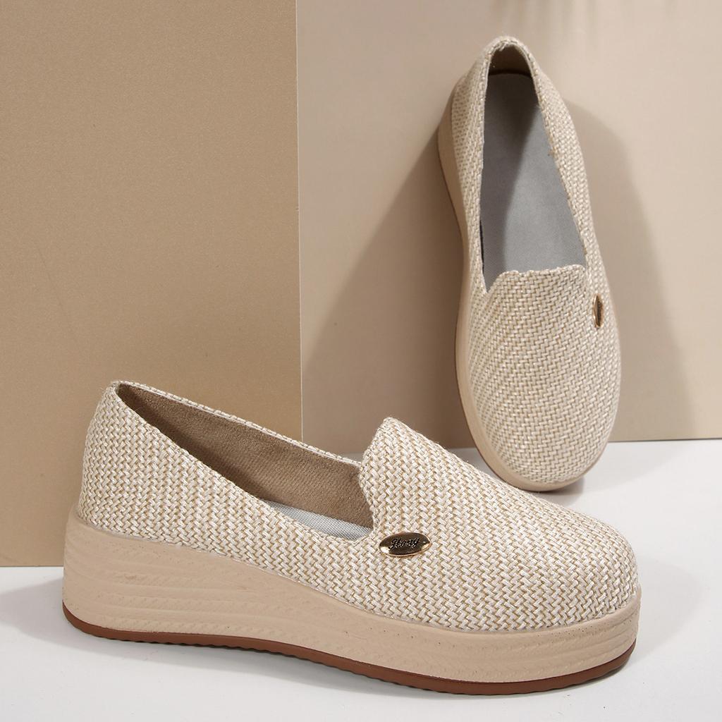 Autumn new cloth platform onepedal slope heel single shoes large size muffin woven loafers women