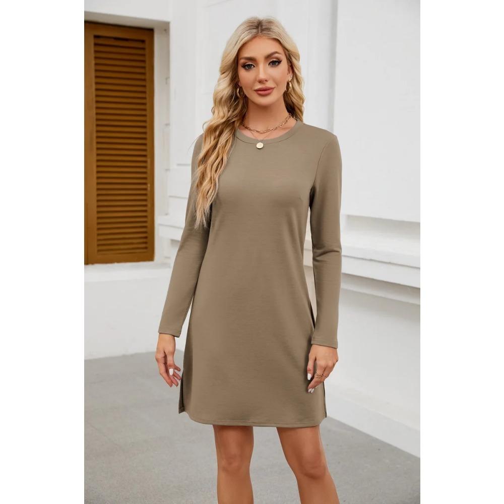 

Женская толстовка с круглым вырезом и разрезом по низу, повседневное платье с длинными рукавами XXL верблюд