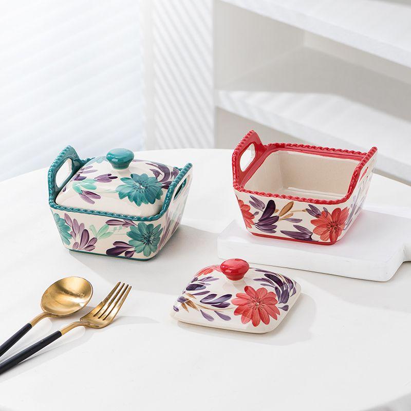 Ceramic Covered Bowl Hand-painted Candy Snack Storage with Lid Bead Point Baking Bowl Rice Bowl