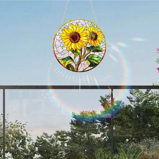 Sunflower Window Decor, Shatterproof Acrylic Glass Style Hanging Ornament with Rainbow Prism Effect, Easy Install Chain Included for Doors Patio,