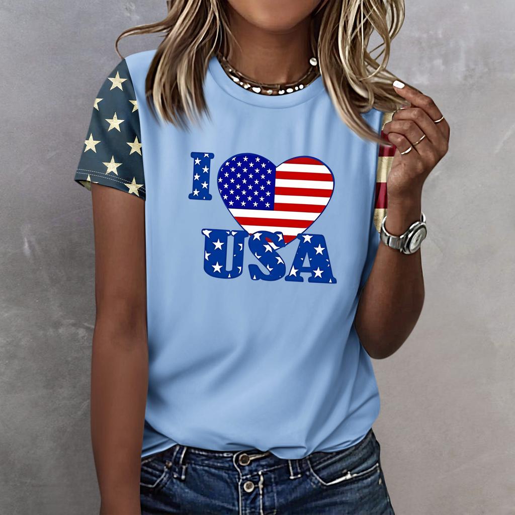 T Shirts For Women, Womens Short Sleeve Tops Dressy Summer O Neck Casual Trendy Blouses Tunic Tops Independence Day