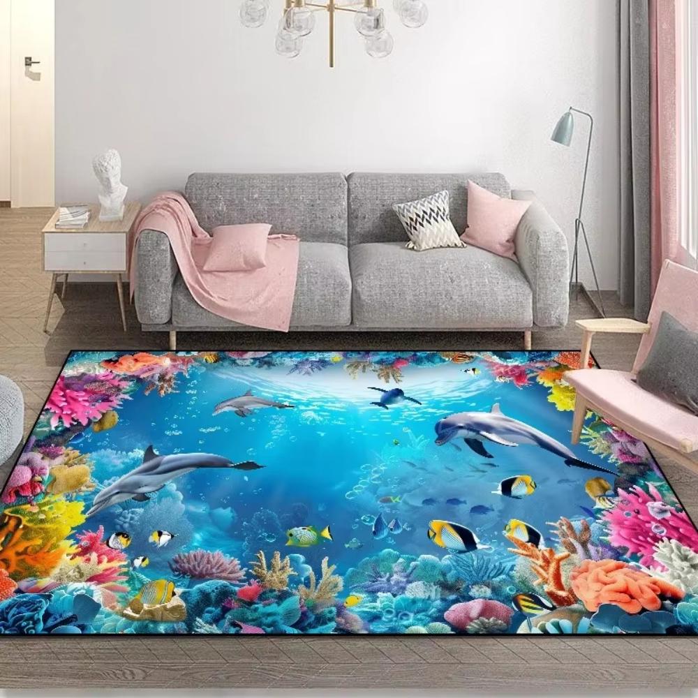 Blue Ocean 3D Dolphin Fish Theme Carpet Living Room Decor Sofa Rug Home Bedside Rug Balcony Coffee Table FloorMat Kid's Play Mat
