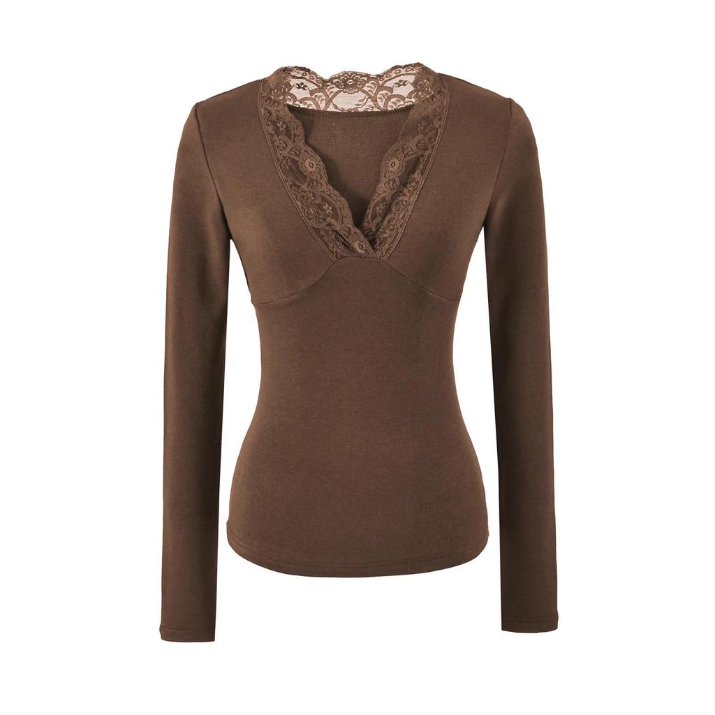 Women's 2026 Slim Fit Deep V-Neck Lace Patchwork Long Sleeve T-shirt