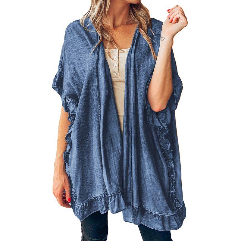 European and American Leisure Loose Easiest for Match Short Sleeve Cardigan Women 2025 Summer New Arrival Ruffles Design Denim Shirt Women