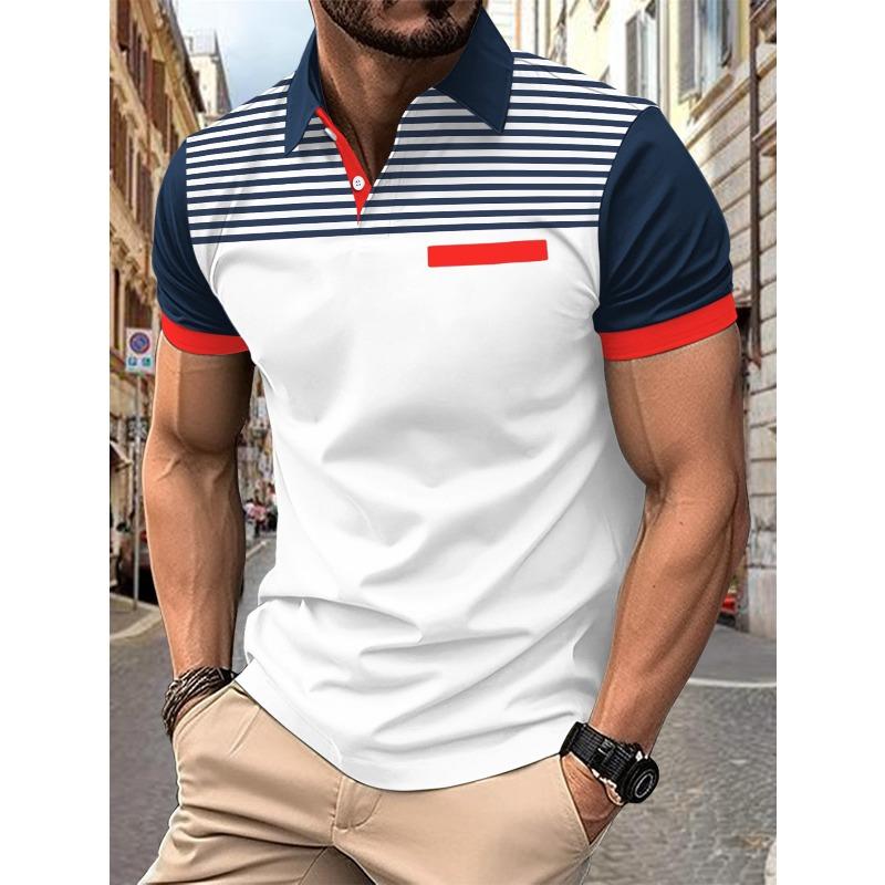 Men’s summer casual printed striped short-sleeved polo shirt with faux pockets and a lapel