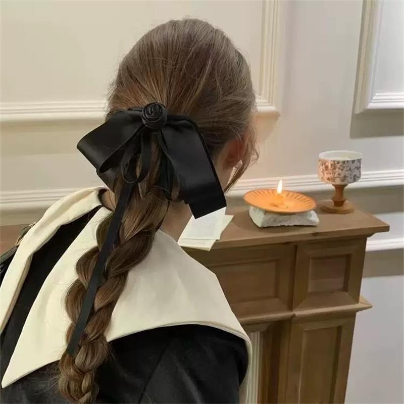 Black Camellia Bow Ribbon Hairpin French Hair Clip Women Girly High-End Elegant Hair Up Top Clip Mourning Funeral Hair Accessory